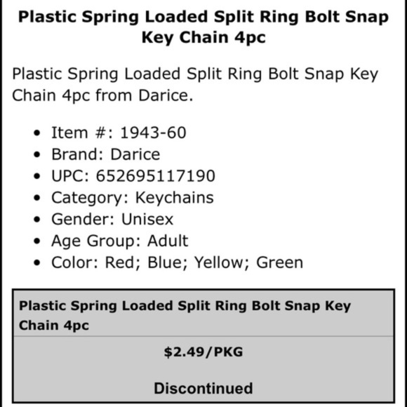 Darice- Plastic Spring Loaded Split Ring Bolt Snap Key Chain‎ - Picture 5 of 5